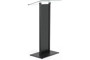 M&T Displays Tempered Clear Glass Conference Podium Stand with Aluminum Front Panel and Black Body and Base 43.9 Inch Height Floor Standing Lectern Pulpit Desk for Classroom Church