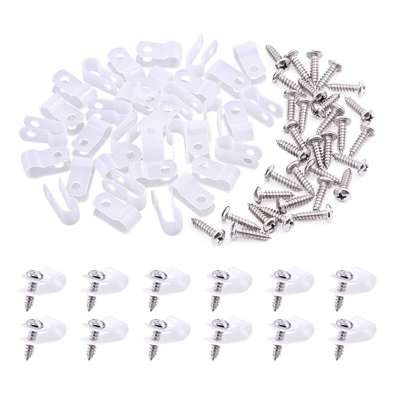 Swpeet 120 Pack White 1/4 Inch Nylon Plastic R-Type Cable Clips Clamp Kit, Nylon Screw Mounting Cord Fastener Clips with 120 Pack Screws for Wire Management (1/4 Inch, White)