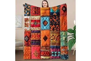 Bohemian Patchwork Quilt Flannel Blanket All-Season Soft Warm for Sofa Bed Camping, Ornamental Shawl, Exquisite Home Decor, 3