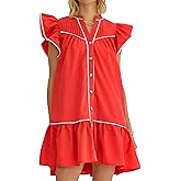 AIWUFLY Women's Button Down Ruffle Cap Sleeve Mini Dress V Neck A Line Flowy Babydoll Short Dresses with Pockets