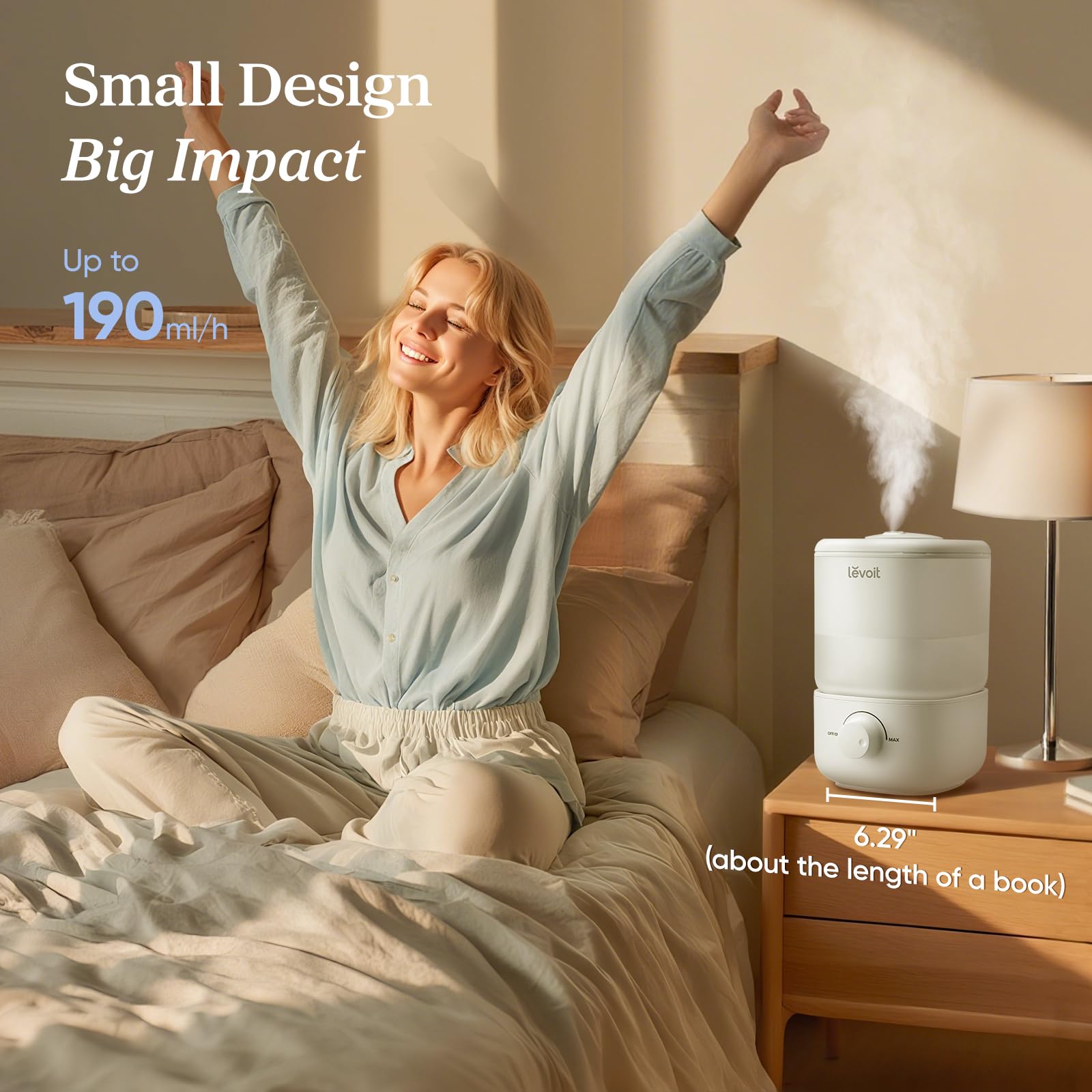 LEVOIT Top Fill Humidifiers for Bedroom, 2.5L Tank for Large Room, Easy to Fill & Clean, 28dB Quiet Cool Mist Air Humidifier for Home Baby Nursery & Plants, Auto Shut-off and BPA-Free for Safety, 25H