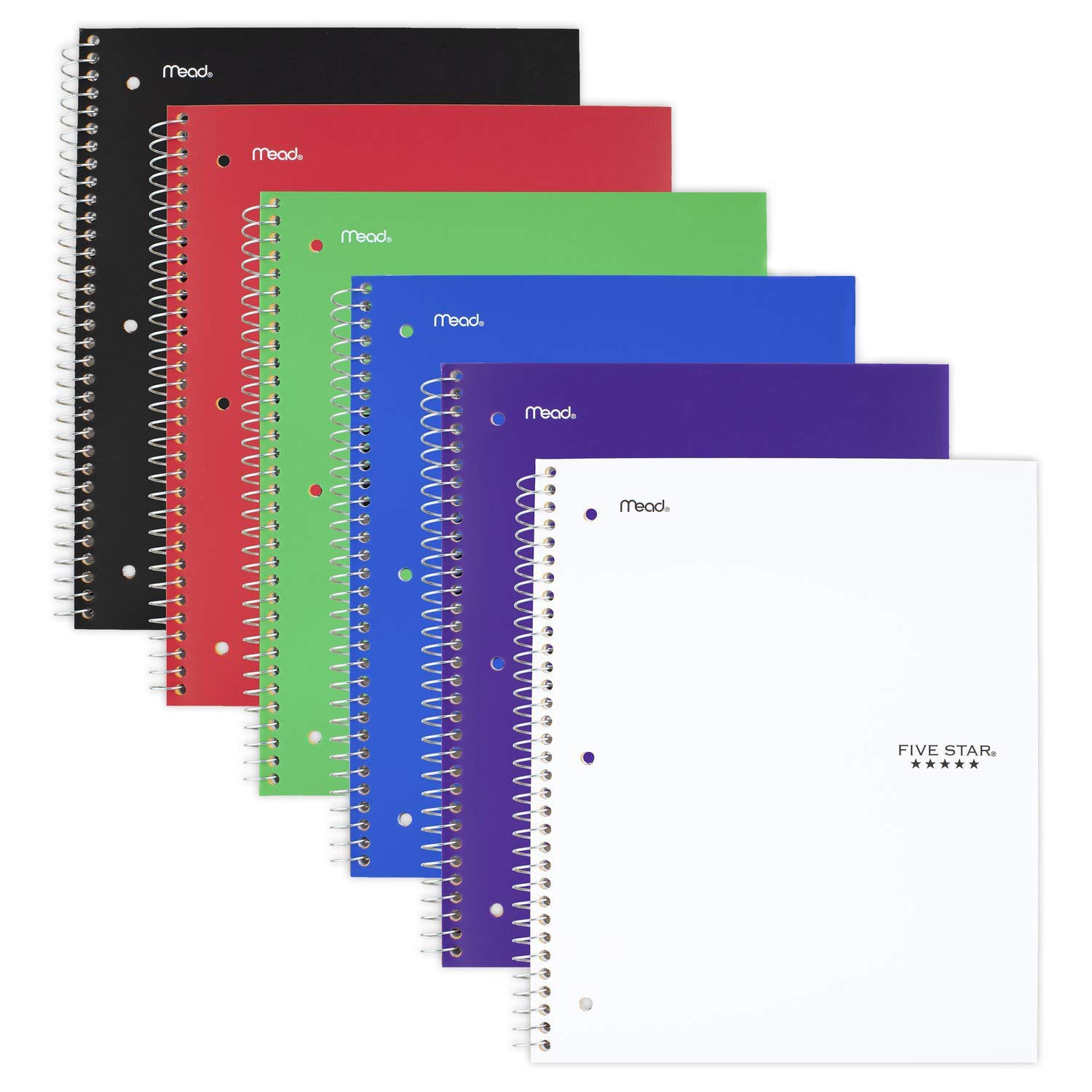 Five Star Spiral Notebooks, 6 Pack, 1 Subject, College Ruled Paper, Fights Ink Bleed, Water Resistant Cover, 8-1/2" x 11", 100 Sheets, Black, Red, Blue, Green, White, Purple (38052)