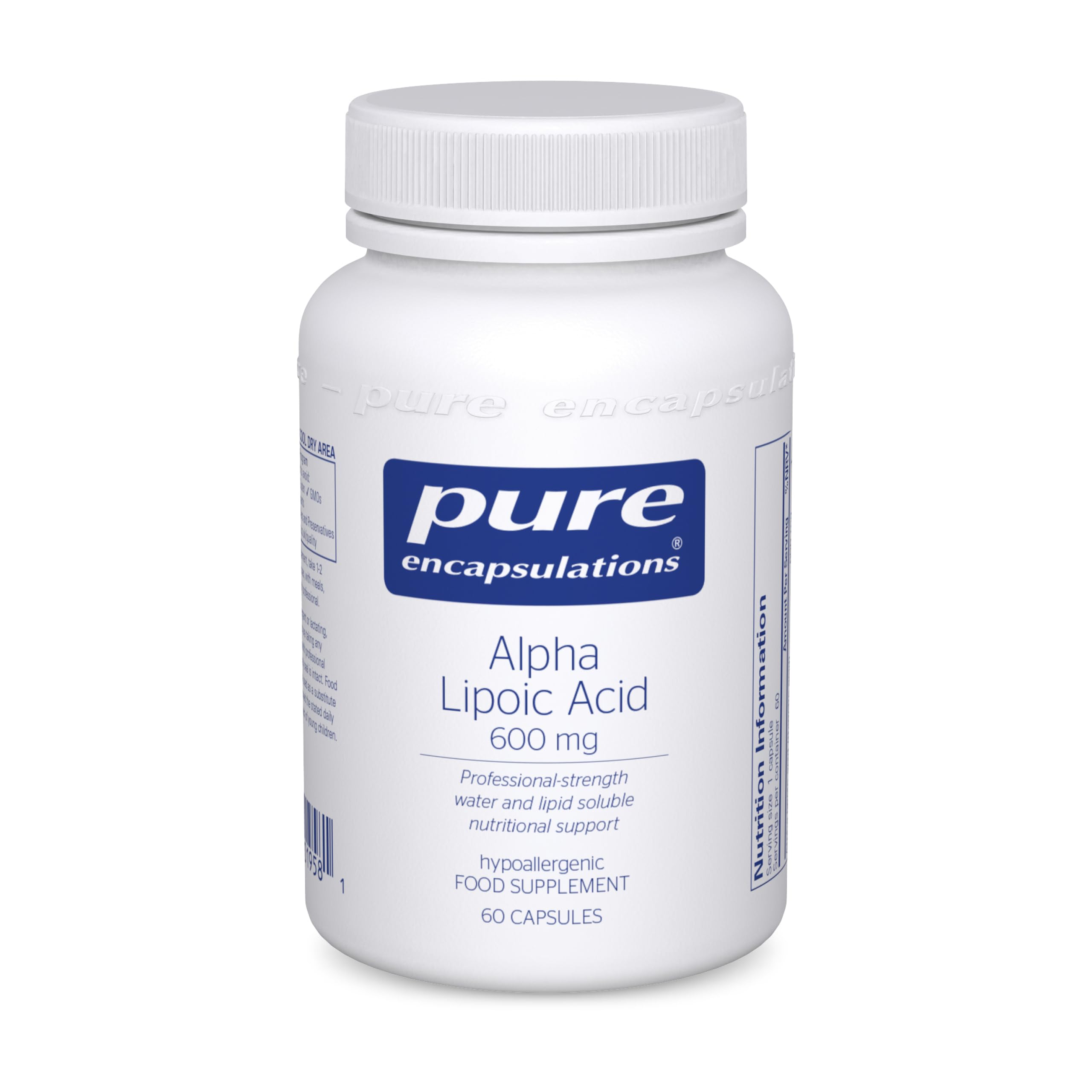 Pure Encapsulations Alpha Lipoic Acid ALA 600mg - Hypoallergenic Water and Lipid Soluble Nutritional Supplement - 60 Vegetarian Capsules