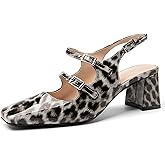 NEWBELLA Women's Mary Jane Shoes Slingbacks Block Heels for Women Square Toe Double Ankle Strap Pumps