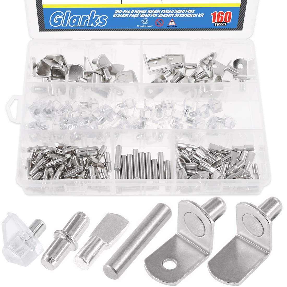 Glarks 160Pcs 6 Styles Shelf Support Kit - Nickel Pegs, PVC Pins, Flat Spoon, Cylindrical Holder, L-Shaped Bracket and Dowel for Cabinets — image 1