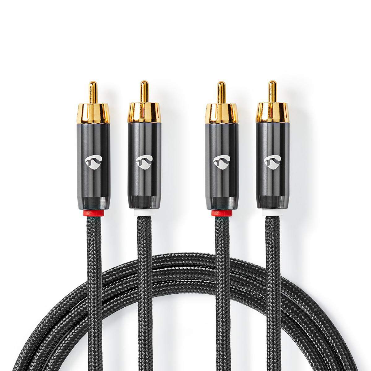 NEDIS 2m Profigold RCA Cable, 2x RCA to 2x Phono Male, Gold Plated, Nylon Braided, Stereo Audio Cable for Home Cinema, Amp, Hi-Fi, DJ - Grey