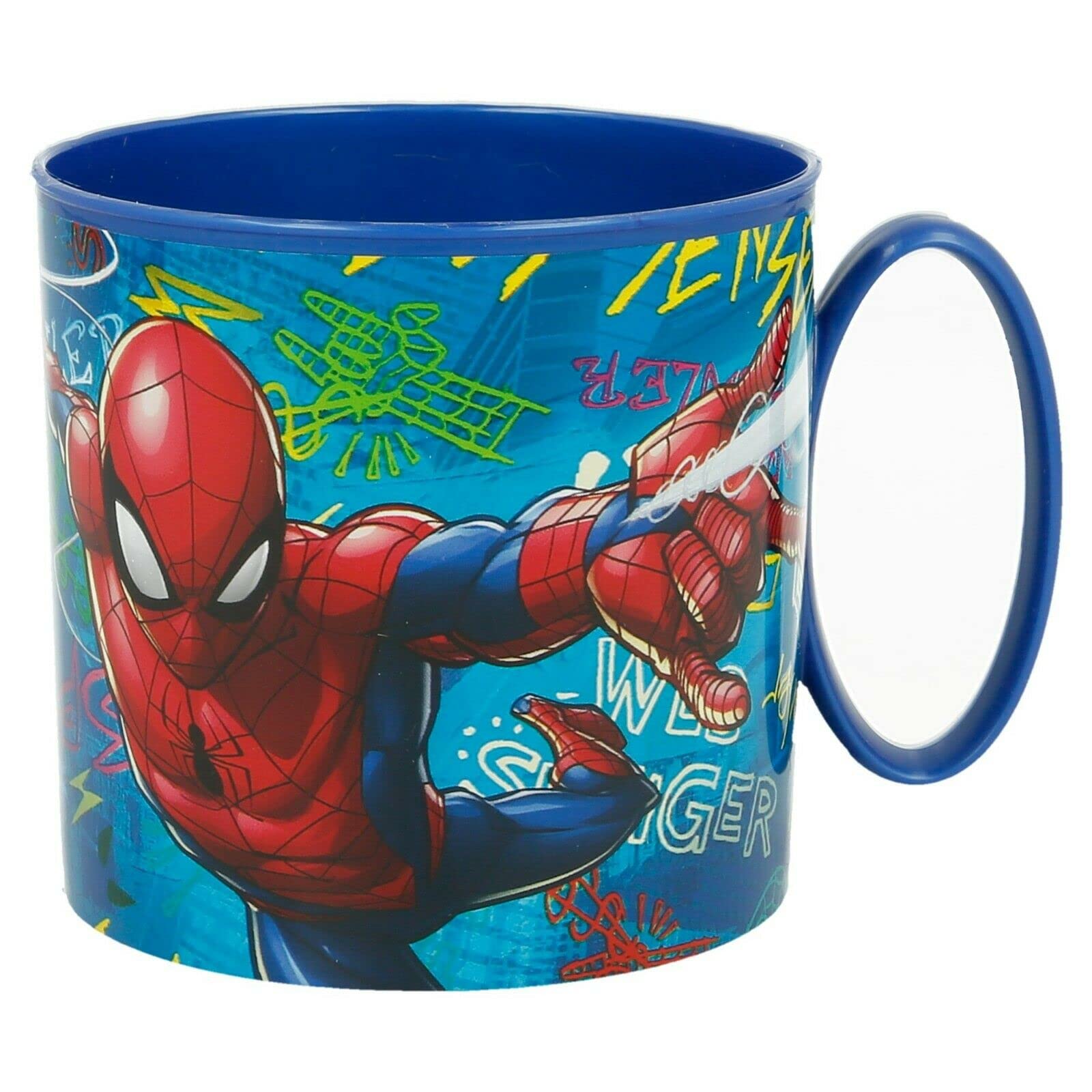 Kids Character Cute Mini Mug 265ML Drinking Re-Usable Plastic Cup Microwave Safe (Spiderman Graffiti)