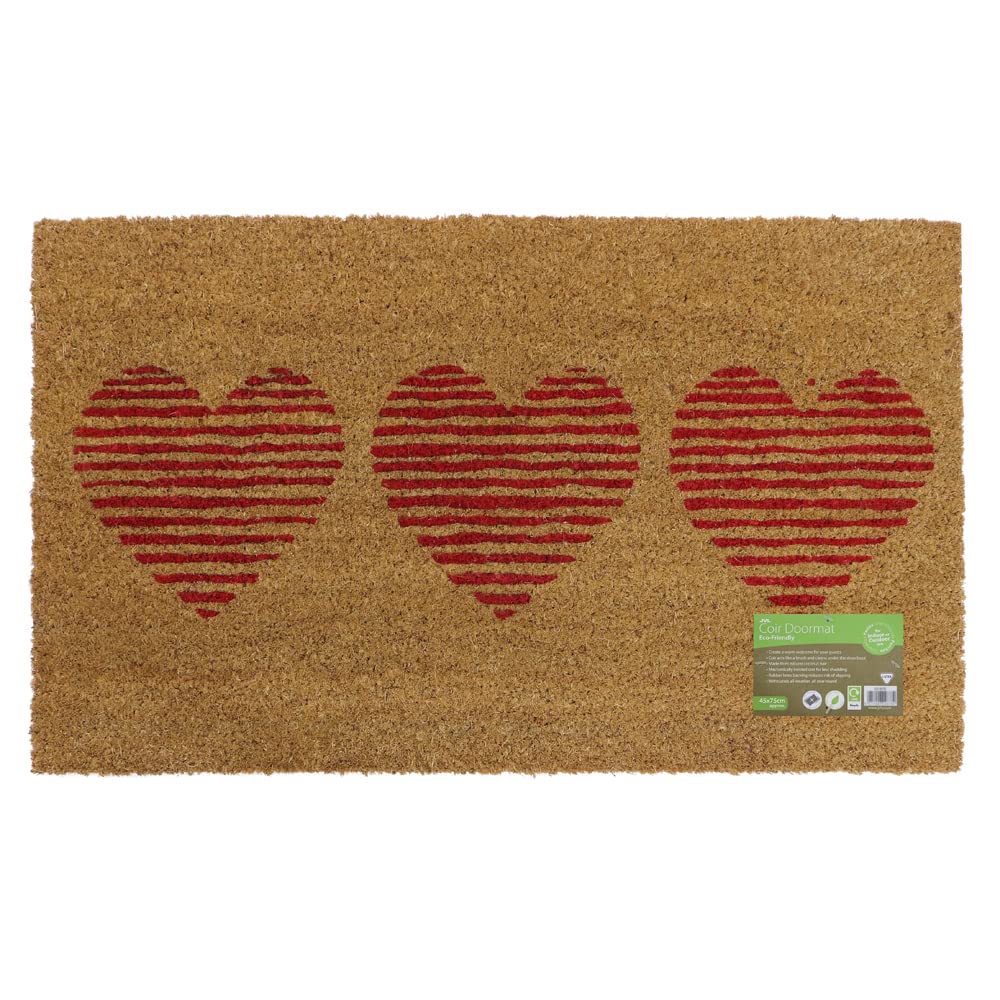JVL Eco-Friendly Latex Backed Coir Door Mat, Three Hearts, Natural, 45 x 75 cm Approx., 02-884