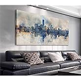 Navy Blue New York City Canvas Wall Art Abstract Skyline Prints, 20"x40" | City Reflection in Water Painting Pictures Modern 