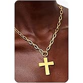 Krfy Valentines Day Gifts for Women Hers Gold Chunky Heart Necklace for Women, Hammered Cross Necklace for Women Non Tarnish, Dainty Toggle Necklaces Paperclip Chains Jewelry 45cm