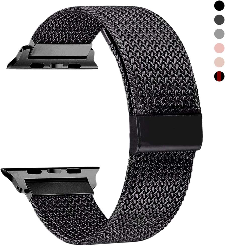 RXCOO Compatible for Apple Watch Band 38mm/40mm 42mm/44mm, Stainless Steel Mesh Wristband Loop Magnet Band Compatible with Iwatch Series 5/4/3/2/1 (Black, 42mm/44mm)