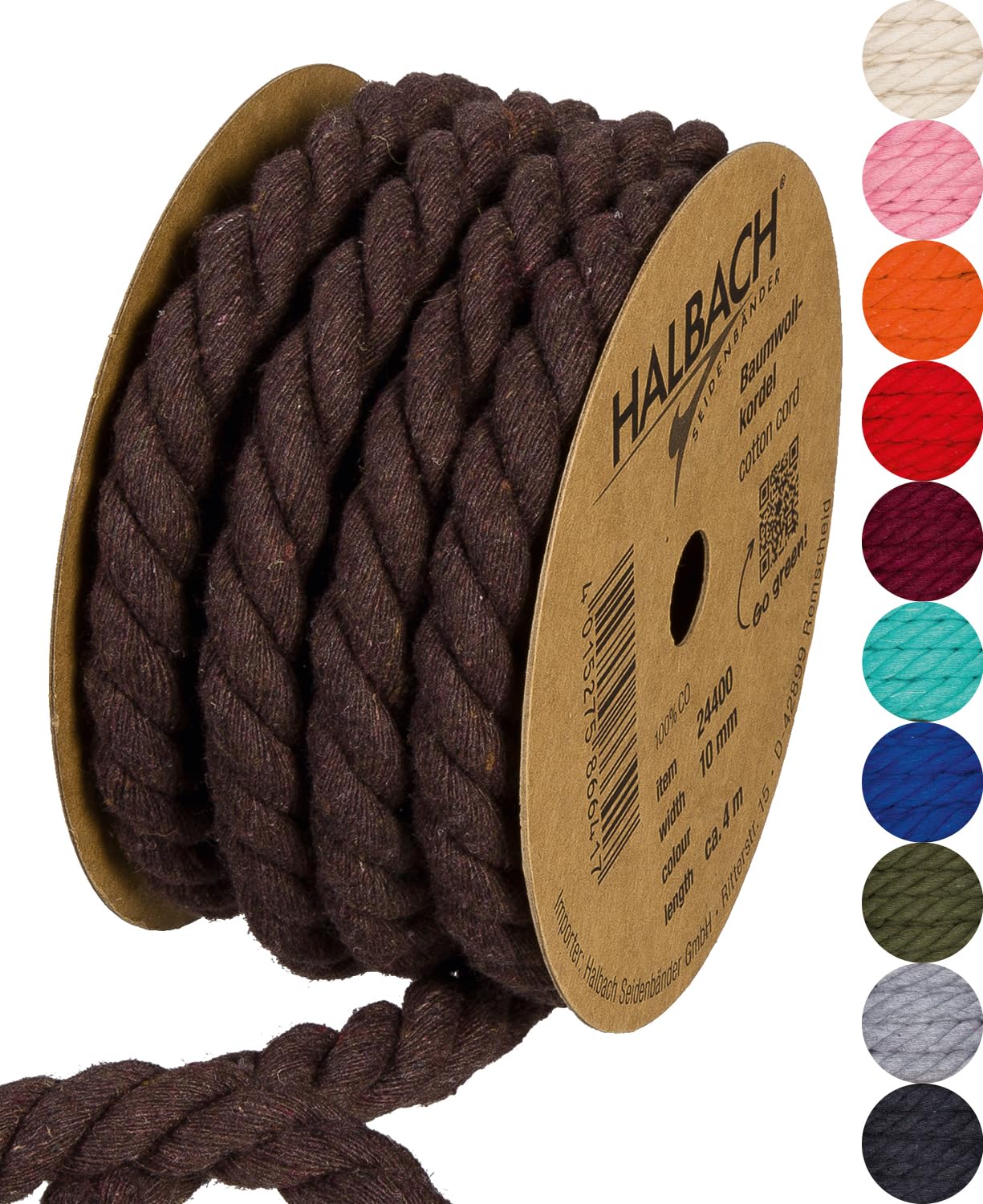 Halbach Seidenbänder Recycled Cotton Cord, Width: 10 mm/Length 4 Metres, Sustainable Cotton Yarn for Macrame, Natural Cord for Crafts, Colour: Dark Brown