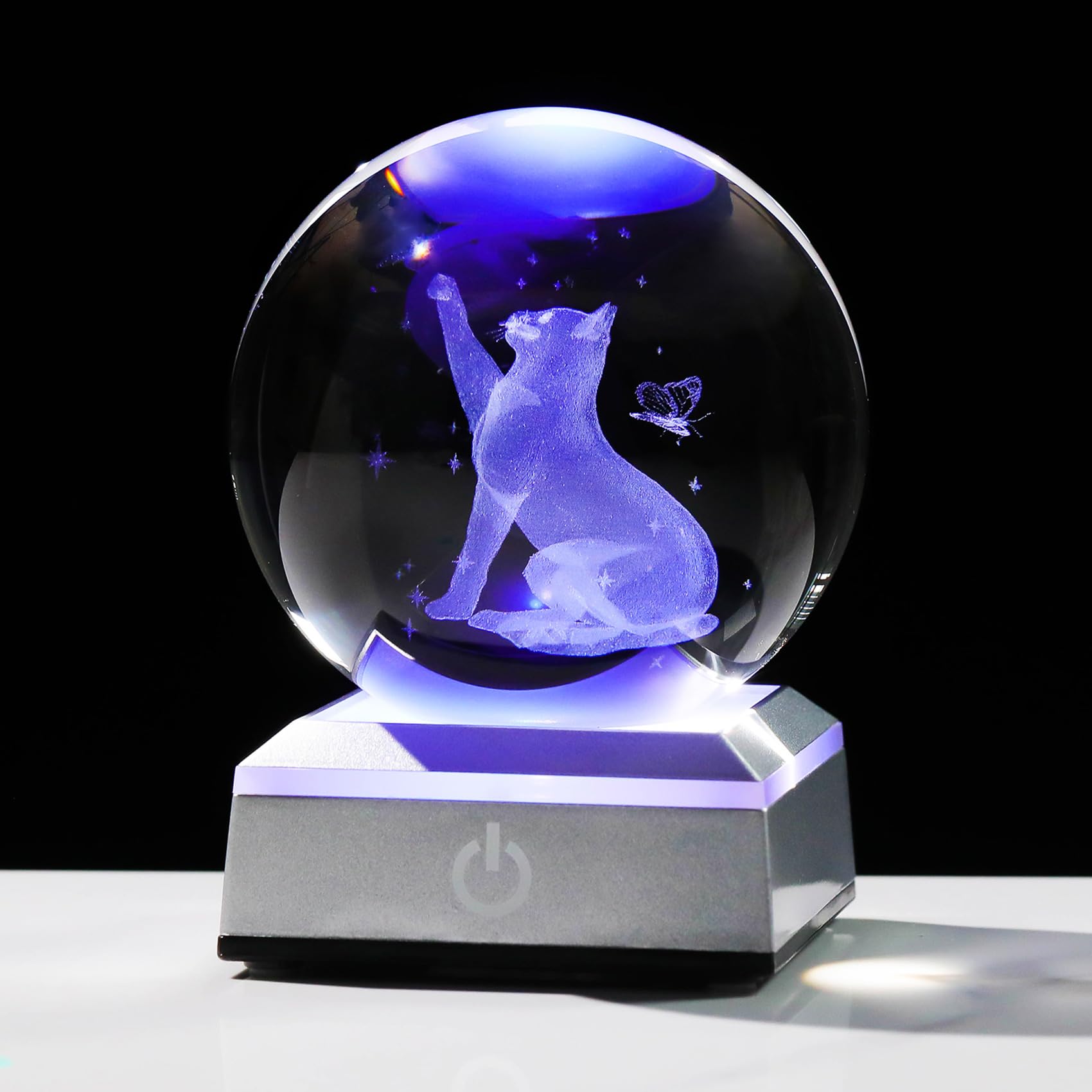 80mm 3D Crystal Glass Ball Engraved Cat and Butterfly Figurine Ornaments With LED Base, Themed Gifts for Cat Lovers Women Friends