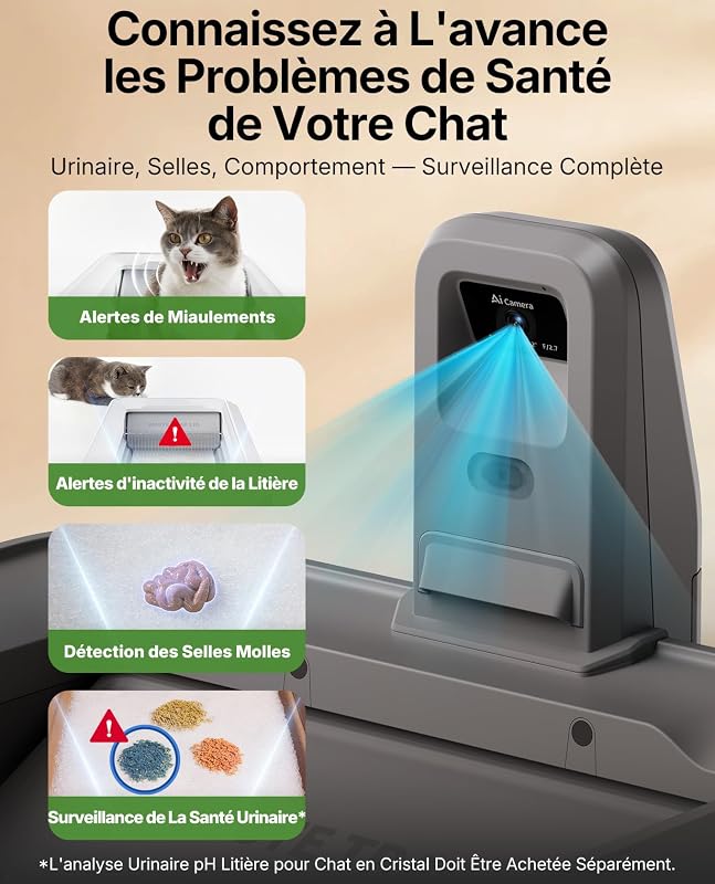 PUROBOT Crystal Duo Litiere Chat Autonettoyante avec Caméra IA | Espace Ouvert, Contrôle Via App, Surveillance de Santé,Double Désodorisation, Nettoyage Bidirectionnel, Anti-pincement (Gris)