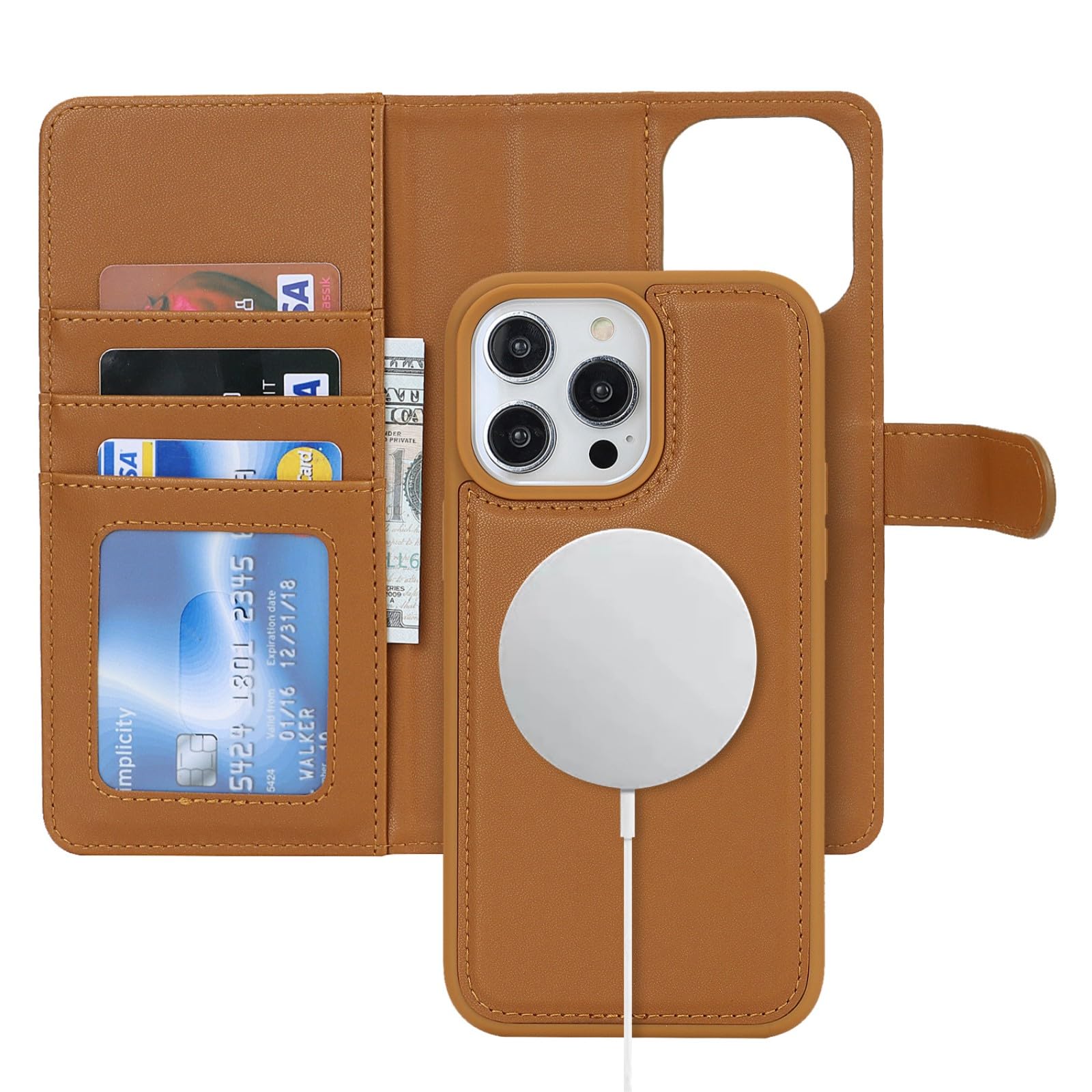 Zouzt for iPhone 15 Pro Max 6.7 Inch Detachable Wallet Case with Card Holder for MagSafe, Premium PU Leather 2 in 1 Flip Folio Book Magnetic Stand Protective Phone Cover - Brown — image 1