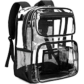 Vorspack Heavy Duty Clear Backpack for School, 16" Clear Bookbag - Black | 17L Large See Through Backpack for Girls Boys, 0.5mm Thicker PVC, Padded Shoulder Straps &amp; Thickened Bottom, for College Work