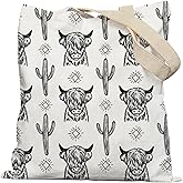 Lacosu Western Tote Bag, Canvas Tote Bags for Women, Western Gifts, Cowgirl Gifts, Reusable Grocery Bags, White, Cactus Cow Pattern