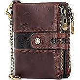 aolaso Mens Wallet with Chain RFID Blocking Genuine Leather Bifold Biker Wallet for Men Double Zipper Coin Pocket Purse with Double Anti-Theft Chain-coffee