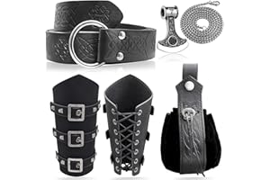 RECHICGU 5pcs Medieval Viking Knight Bracers Arm Guards,Knight Belt,Drawstring Purse Pouch Bag and Stainless Steel Chain Axe Necklace Set for Renaissance Faires,LARP events,or Halloween costumes,5 Black set