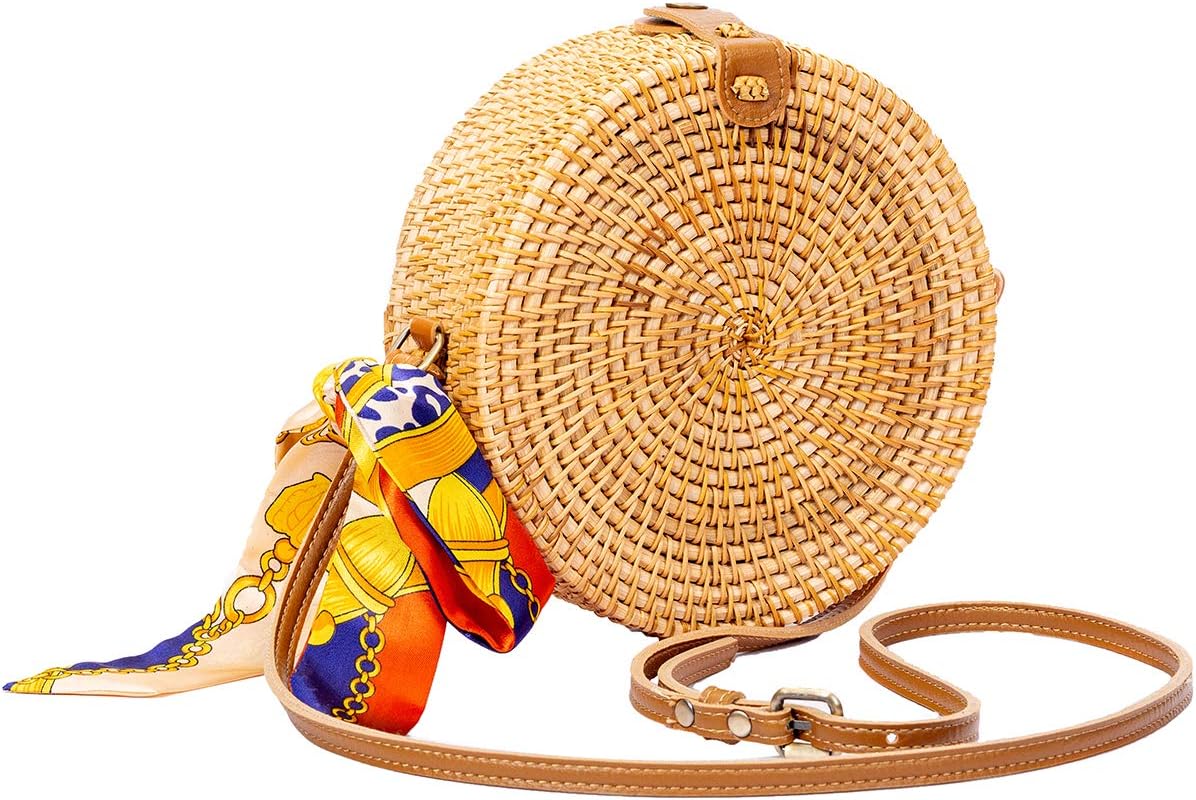 Lefur Handwoven Round Rattan Bag for Women Straw Bag Beach Crossbody Purse with Shoulder Straps Lined Boho Handbag