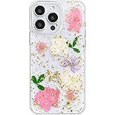 Abbery for iPhone 15 Pro Max Cases Clear with Pressed Flower Design Cute Sparkle Pink Purple White Real Dried Floral Soft TPU Aesthetic Protective Shockproof Women Girly Girl's Phone Cover