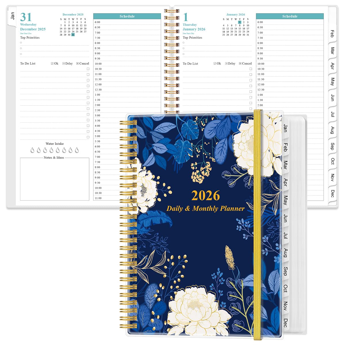 Photo 1 of 2026 Daily & Monthly Planner - One Page Per Day, Daily Planner from January 2026 - December 2026, Planner 2026 with 12 Monthly Tabs, 8.5" x 11", Blue Leaf Flower