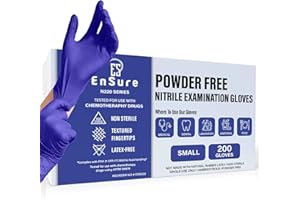 EnSure Nitrile Exam Gloves, Powder-Free, Latex-Free, Chemo Rated, Non-Sterile, Light Duty, Textured Tips, Medical, Surgical, Food Safe, Cleaning, Dental, Lab Use - 3 Mil (Small, 200 Count)