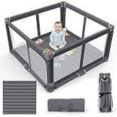 Foldable Baby Playpen with Mat, 50"x50" Safety Play Yard for Babies &amp; Toddlers - Indoor &amp; Outdoor Use with Carry Bag - Collapsible, Portable Play Yard, Dark Gray