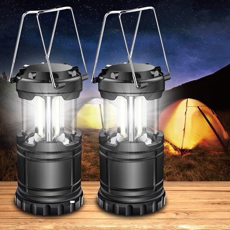 Paquete de 2 linternas LED para acampar, lampara camping, kit de supervivencia para huracanes, emergencias, tormentas, apagones (negro, plegable)