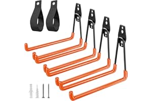 HUPBIPY Heavy Duty Garage Hooks 4 Pack, 7.7 inch U Shaped Long Hanger, with 2 Extension Cord Holder Organizer, Wall Mounted Storage System, for Power and Garden Tool Hanging， Ladders, Bikes, Hose