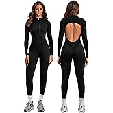 ABOCIW Womens Zipper Long Long Sleeve Workout Jumpsuit Contouring Seams Backless Bodysuit Yoga Rompers Catsuit