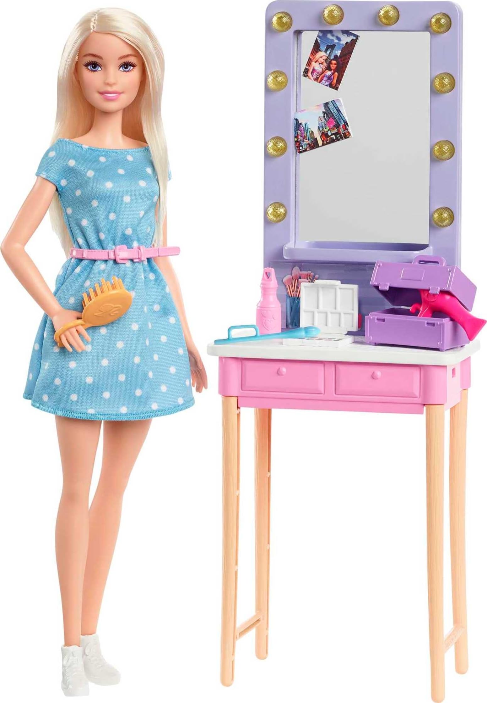 Barbie GYG39: Big City, Big Dreams “Malibu” Roberts Doll (11.5-in, Blonde) and Backstage Dressing Room Playset with Accessories, Gift for 3 to 7 Year Olds, Multicolor