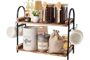 Coffee Bar Accessories, 2-Tier Coffee Bar Organizer with 4 Coffee Cup Holder Hooks, MUL-tifunctional Wooden Beaded Coffee Sta