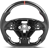 Hydro-Dip Carbon Fiber Steering Wheel for Chevy Corvette C7 2014-2019 Z06 Grand Sport Stingray Z51 ZR1, High Gloss Finish Red Stripe, Track Style Flat Bottom Perforated Leather
