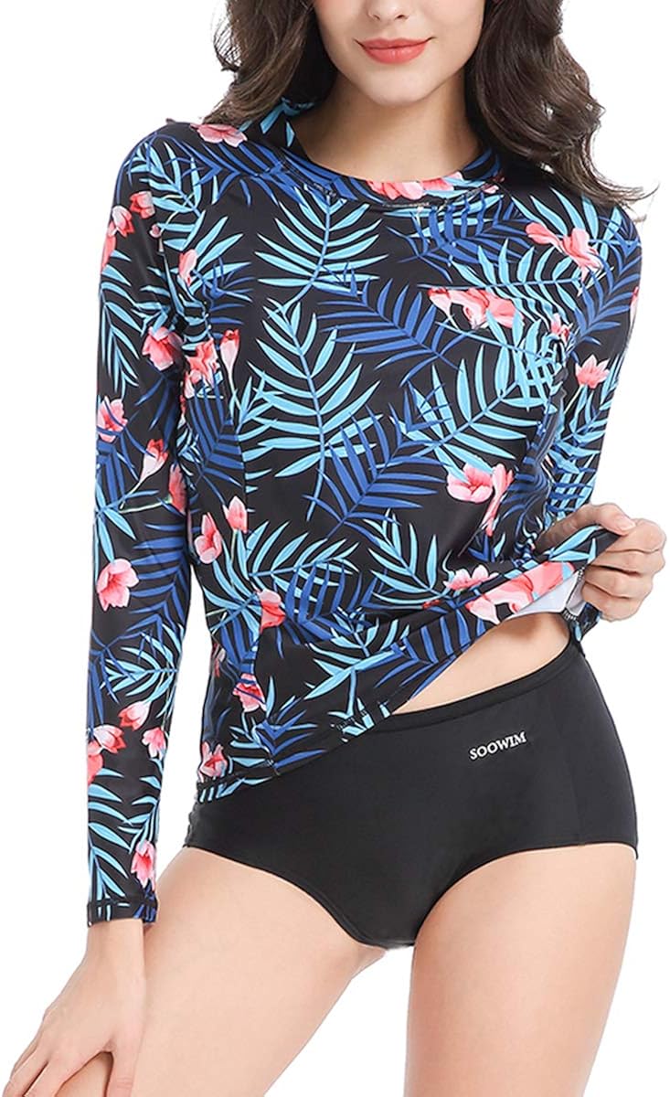 SOOWIM Women Rash Guard Long Sleeve Swimsuit Two Piece with