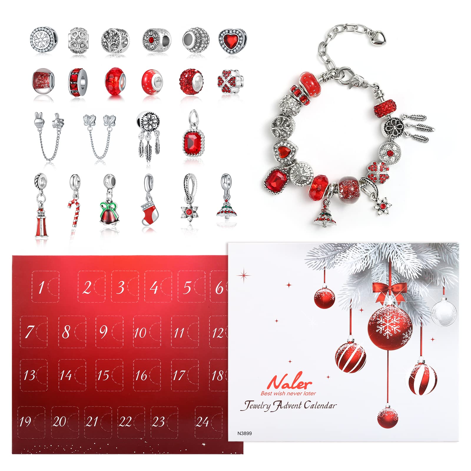 Naler Advent Calendars 2025, Advent Jewelry Pendant Charms Gift for Girls Women DIY Fashion Bracelet Necklace Xmas Countdown Countdown Calendar Gifts, Red