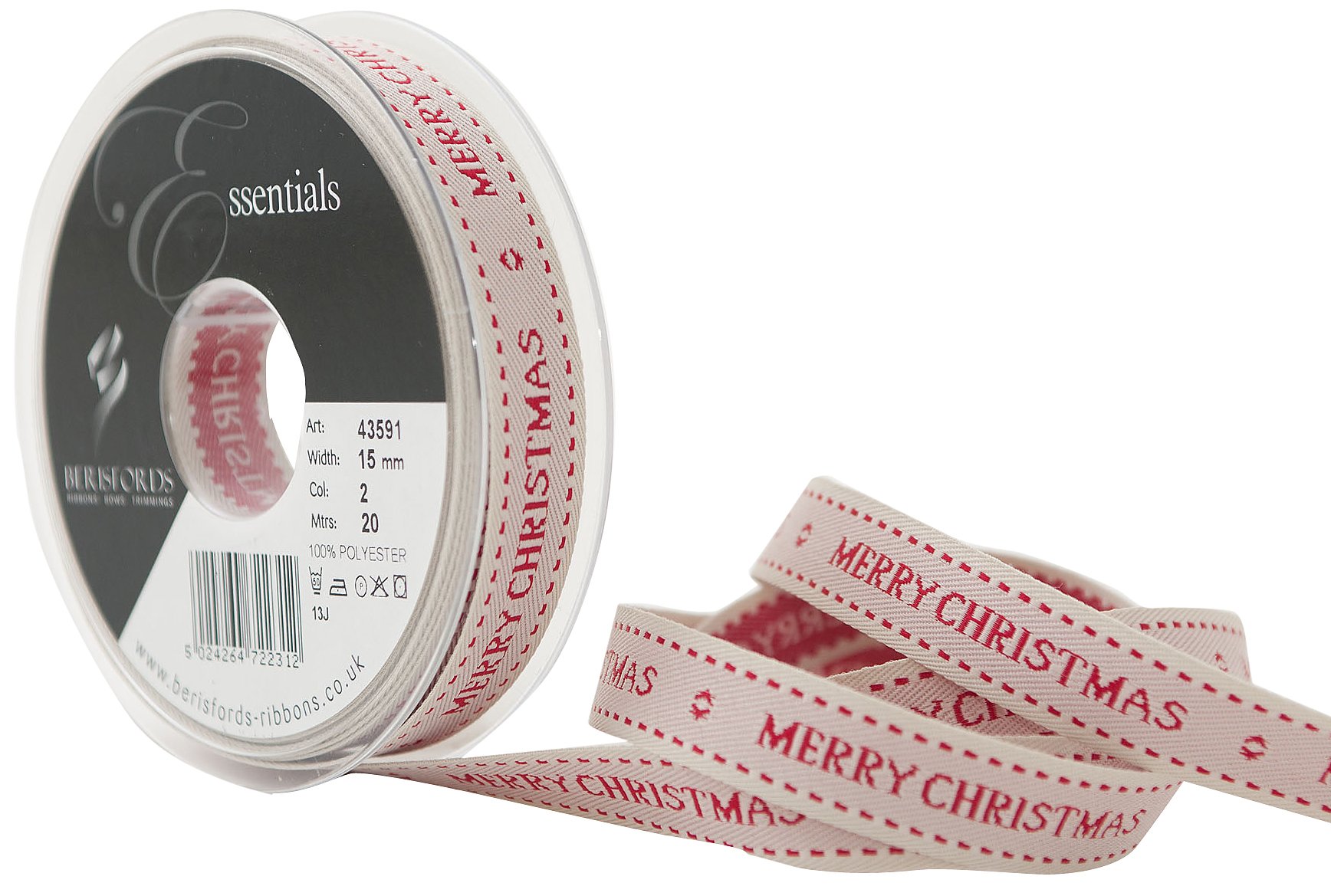 Berisfords 43591-IV-15 15 mm Cottage Christmas Wishes Ribbon, Ivory, White