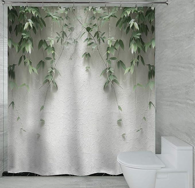 Bathroom Green Leaves White Wall Shower Curtain with Beautiful Metal