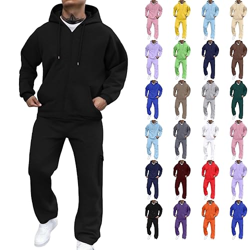 Cocila Men’s Tracksuit Full Sleeve Contrast Fleece Top & Bottom Cord Set Zipper Hood Jogging Suit Set Plus Sizes Casual Sweatsuit with Pocket Black M