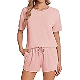 Ekouaer Pajama Set for Women Viscose from Bamboo Short Sleeve Tops and Shorts Set 2 Piece Lounge Set