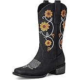 Bybmorto Cowboy Boots for Women - Mid Calf Western Sunflower Cowgirl Boots with Floral Embroidery, Square Toe Stitched Pull On Retro Design, Perfect for Country Idyll, Concerts and More