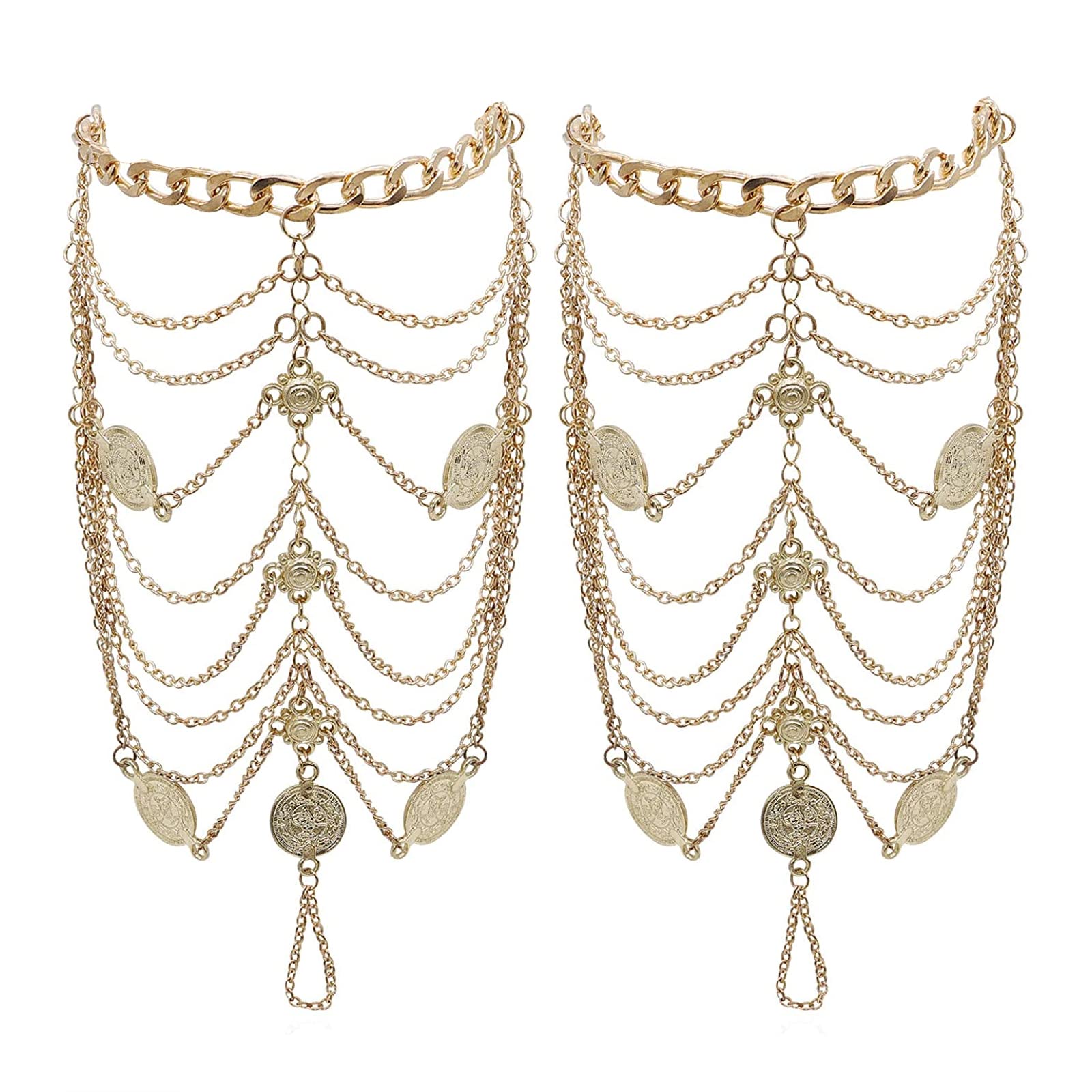 Anklets Boho Vintage Ankle Bracelets for Women Golden Coin Blessing Symbol Beach Anklet Tassel Foot Chains 2 pcs (Golden)