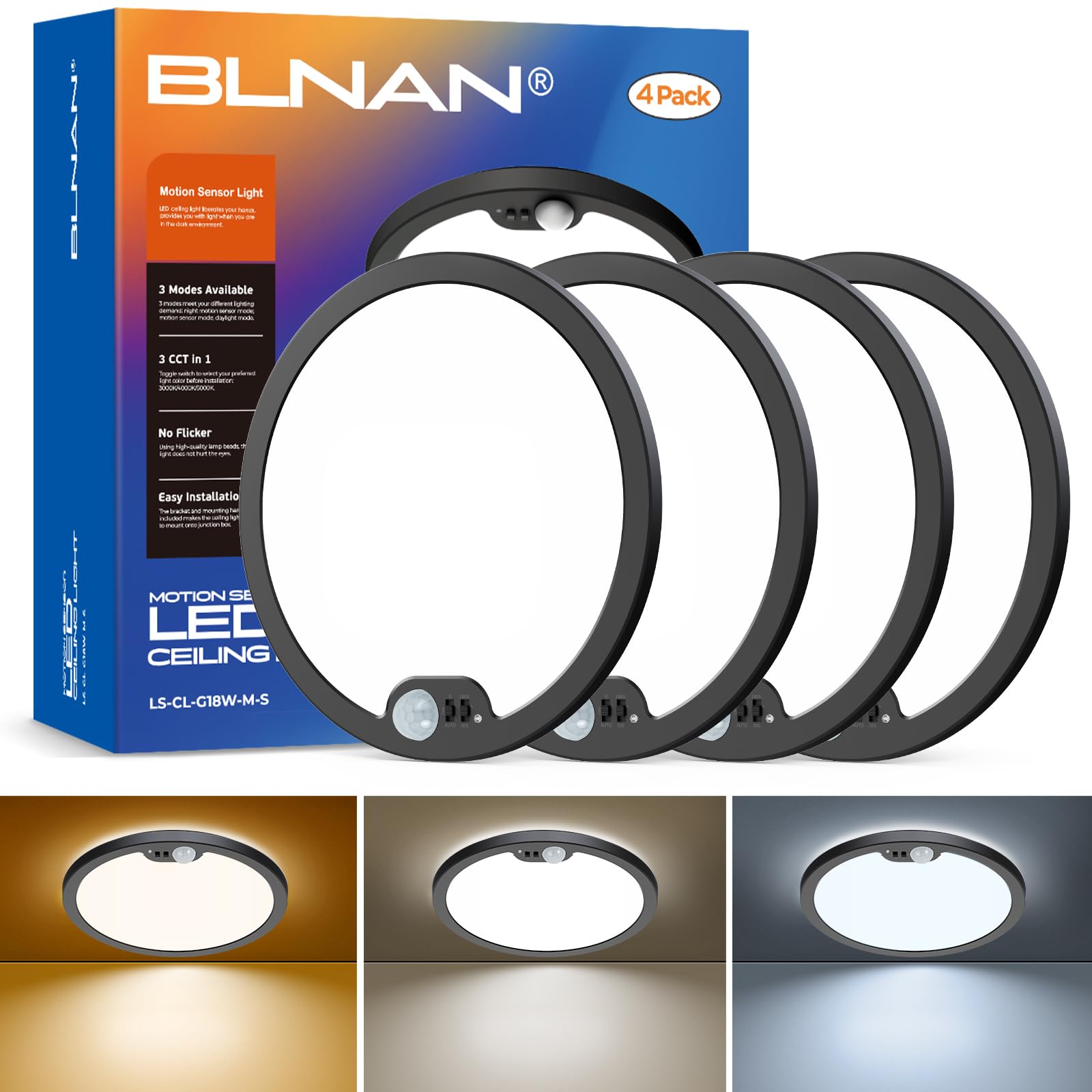 Photo 1 of BLNAN Motion Sensor Ceiling Light Wired, 8.7 Inch 3000K 4000K 5000K Selectable LED Flush Mount Light Fixture, Motion Activated Light with Timer for Hallway Stair Walk-in Closet, Black Frame, 4 Pack