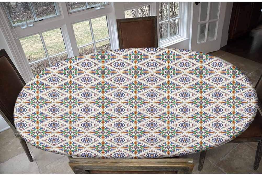 Elastic Polyester Fitted Table Cover,Azulejo Tile Art with Floral