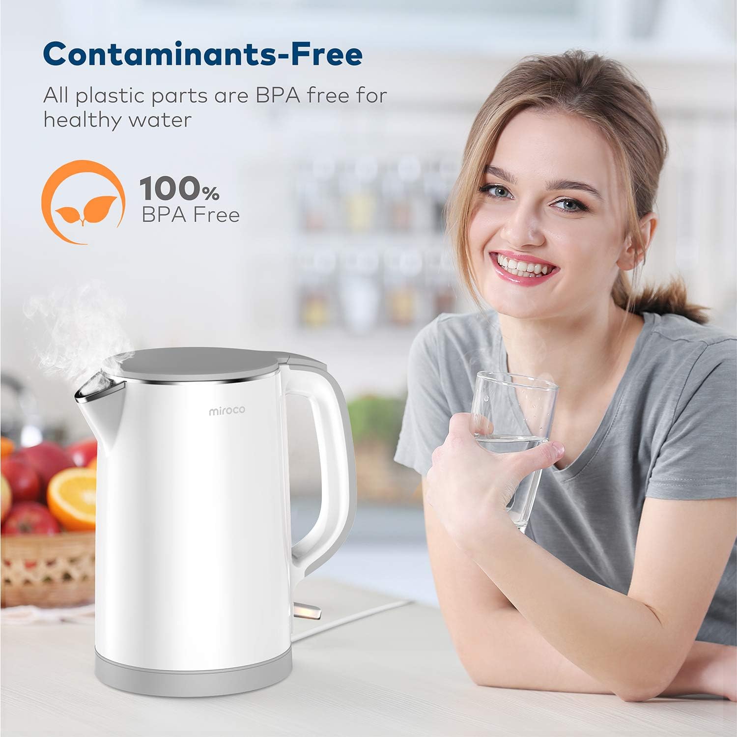 Electric Kettle, Miroco Double Wall 100% Stainless Steel Cool Touch Tea Kettle with 1500W Fast Boiling Heater, Cordless with Auto Shut-Off & Boil Dry Protection, BPA-Free, White: Kitchen & Dining