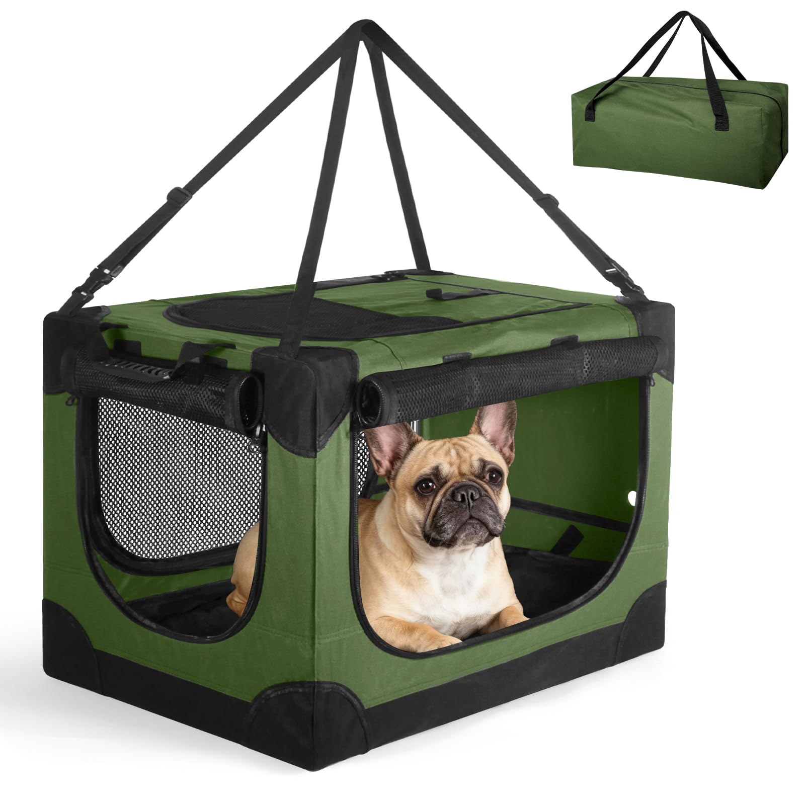 Photo 1 of Crazydeer Soft Small Dog Crate - 24 inch Portable Travel Puppy Crate for Small Pets or 2 Cats, Collapsible Pet Carrier with 4 Mesh Doors, Car Kennel for Dogs with Handle for Indoor and Outdoor, Green