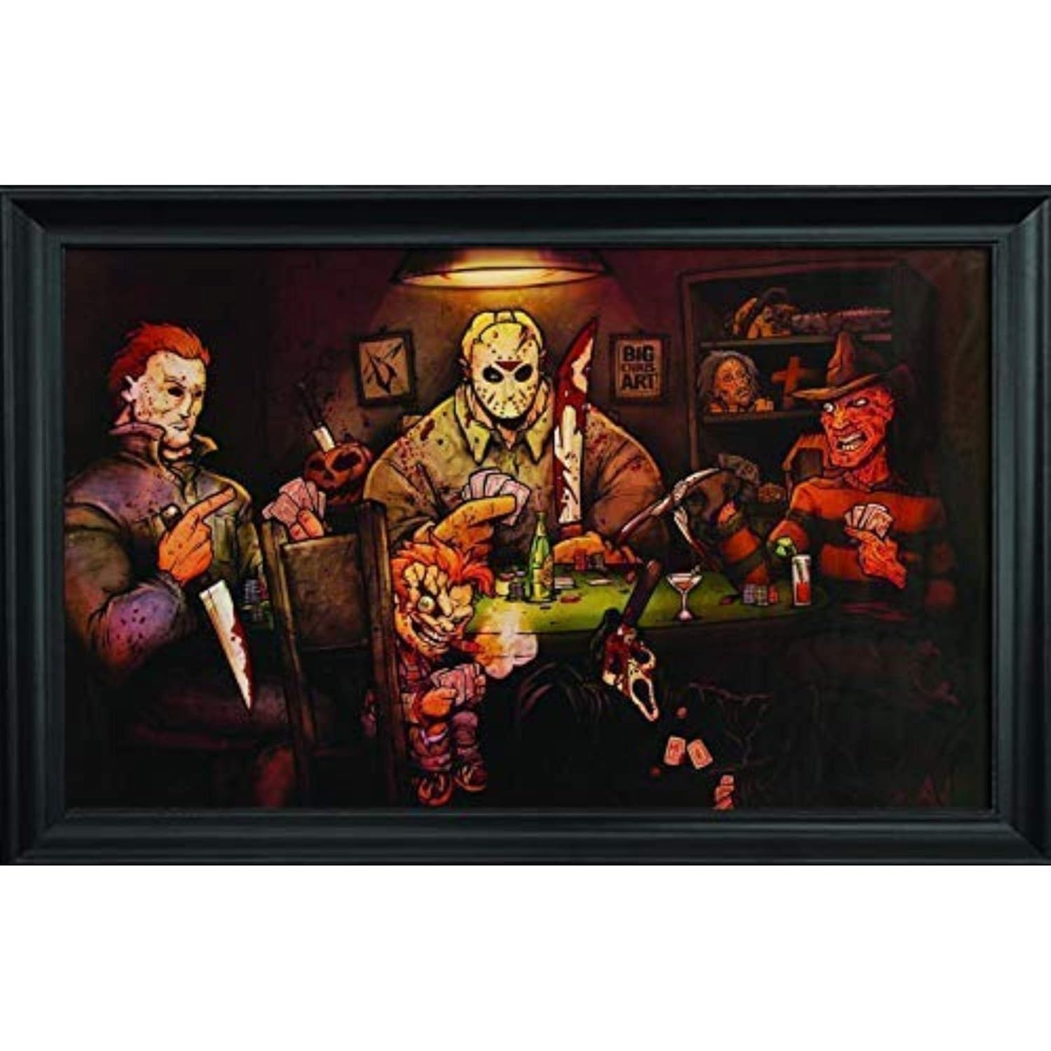 Slashers Poker Wall Art Textured Print Framed - Jason Voorhees, Freddy Krueger, Michael Myers, Chucky & Scream Poster - Scary Horror Movie Wall Art &ndash; 36x24 &ndash; Cool Unique D&eacute;cor Painting by Big Chris