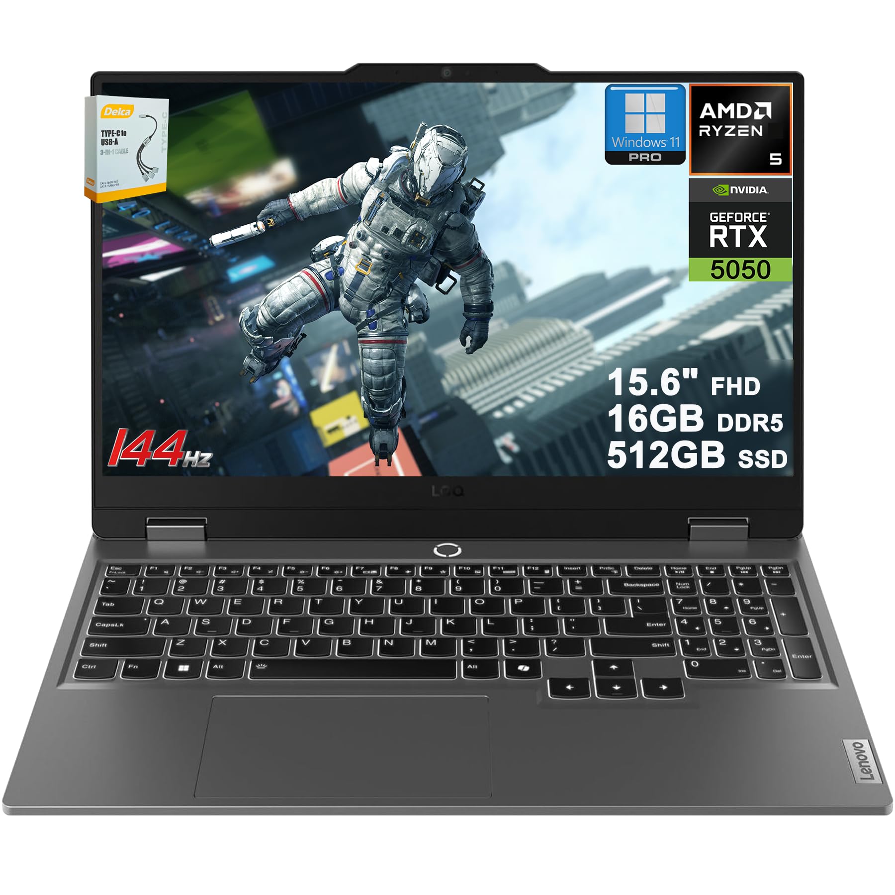 Lenovo LOQ Gaming AI Laptop | 15.6" FHD 144Hz (100% sRGB G-SYNC) | AMD 6-core Ryzen 5 220 | 16GB DDR5 512GB SSD | GeForce RTX 5050 440 AI Tops | Backlit 5MP Privacy Camera Win11Pro w/DLCA Accessory