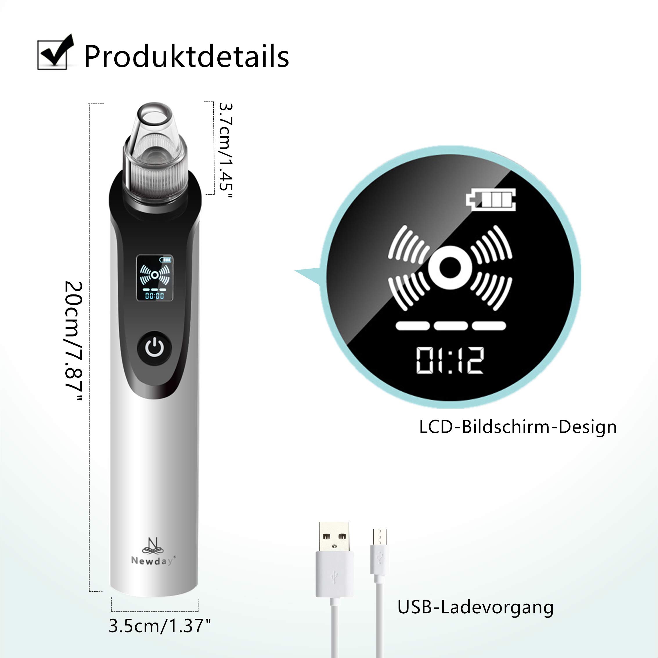Porenreiniger Sauger, Newday X7 Mitesserentferner, Mitesser Sauger Porenreiniger Blackhead Remover, Mitesser Entferner mit 5 Reinigungsaufsätzen, Für eine schöne und gepflegte Haut, USB-Aufladung, Weiß