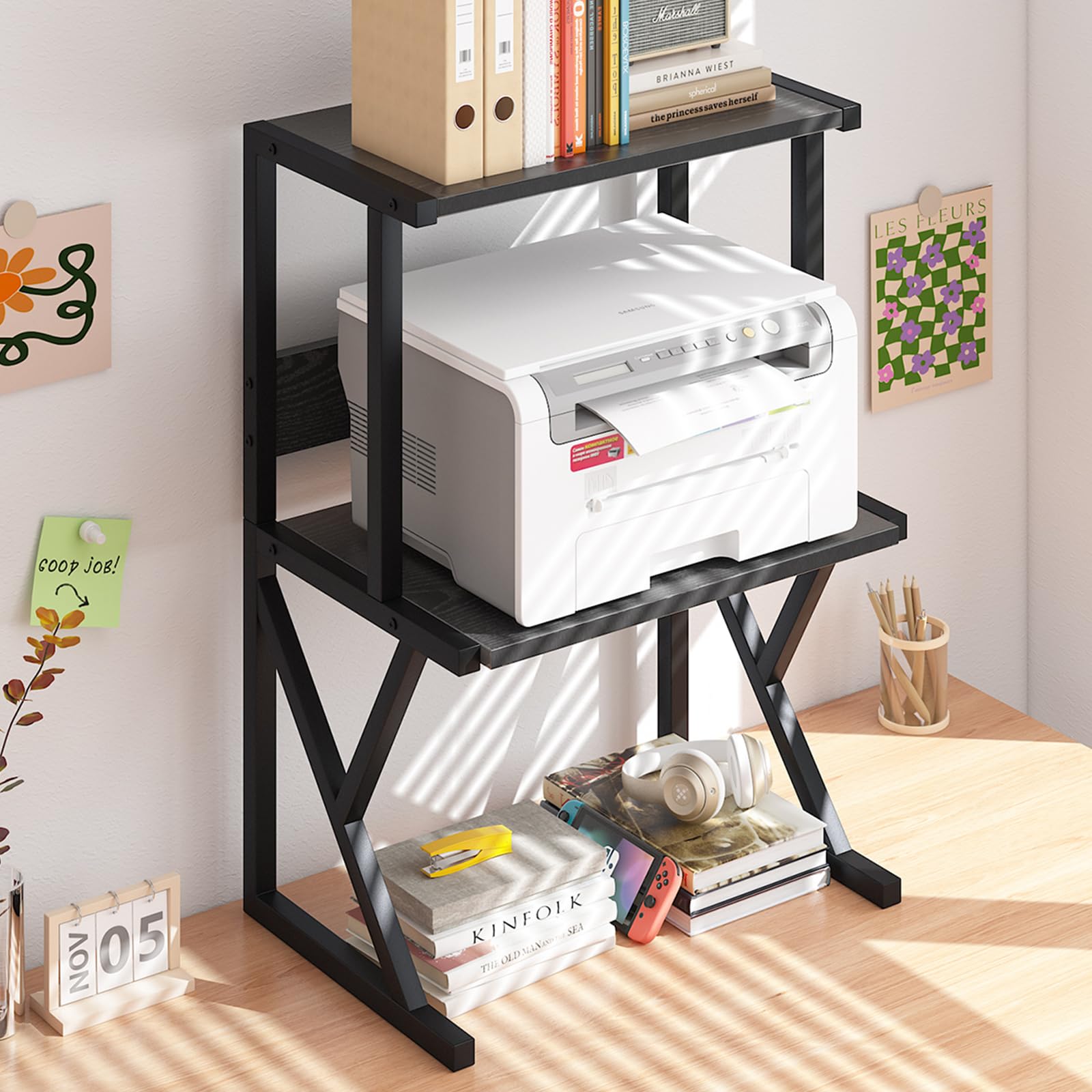 Photo 1 of aboxoo Desktop Printer Stand with 3 Tier Wood Storage Shelves,Under Desk Printer Table,Multi-Purpose Home Office Desk Organizer for Fax Machine, Scanner (Black)